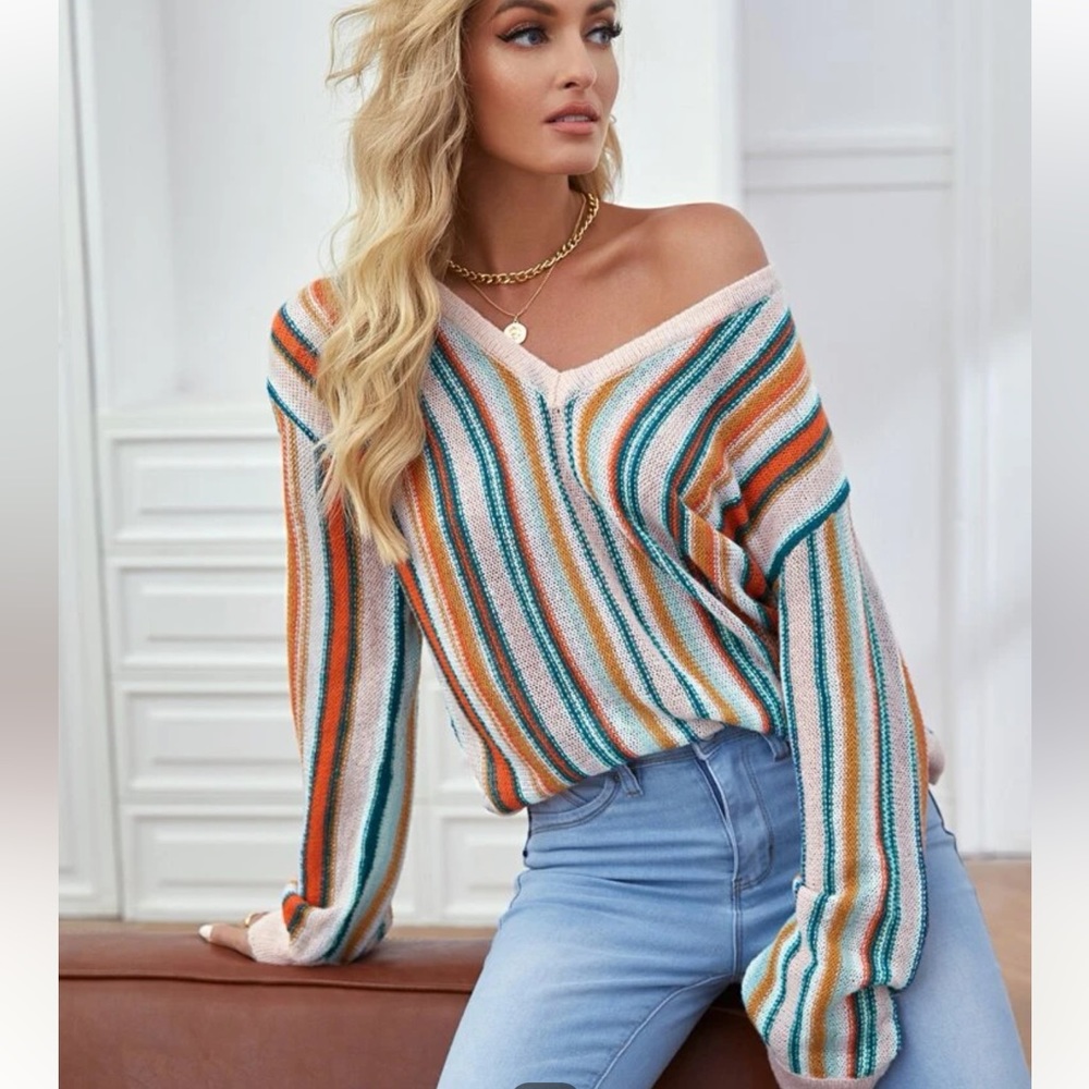 SHEIN M Multicolor Striped-Pattern Drop-Shoulder Sweater